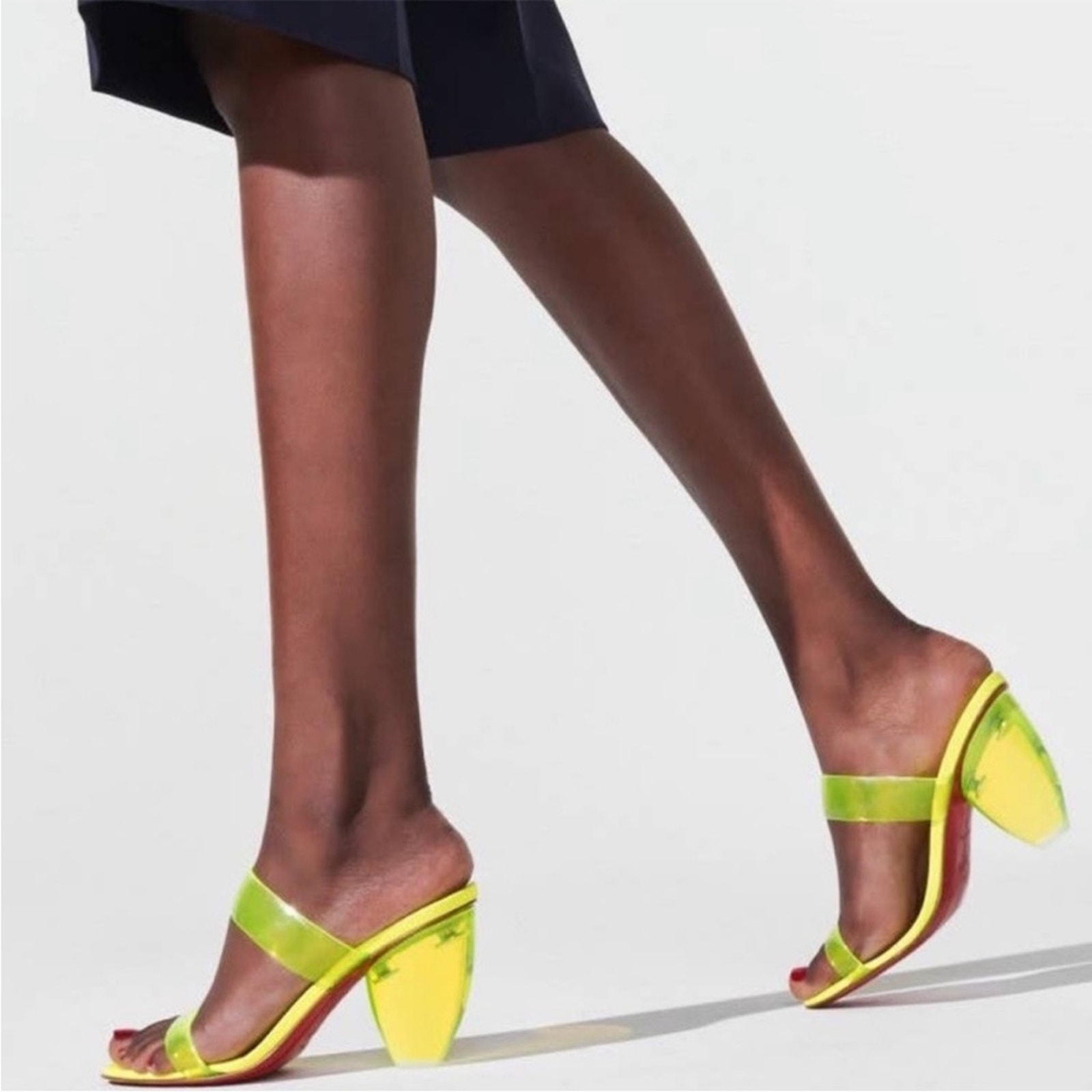 Christian Louboutin Ovida Pvc Clear Strap Block Heels Neon Yellow Fluo Eu 38